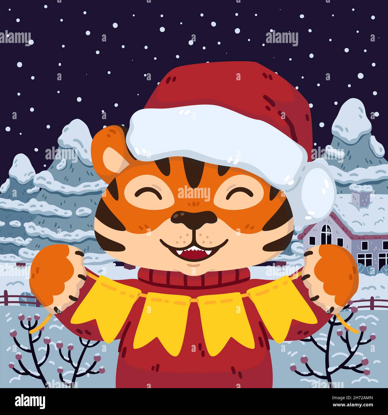 Smiling tiger with santa hat festive garland flags against the backdrop of winter landscape. Chinese zodiac animal. Symbol of the new year 2022 2034. Stock Vector