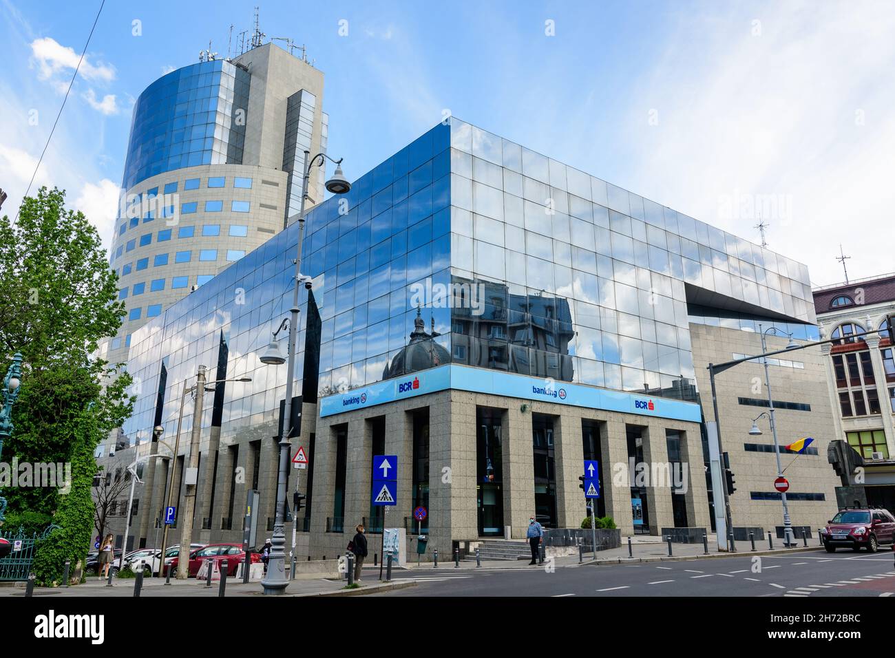 Bucharest, Romania - 6 May 2021: Erste BCR Bank headquarter entrance on Calea Victoriei street in downtown in a sunny spring day Stock Photo