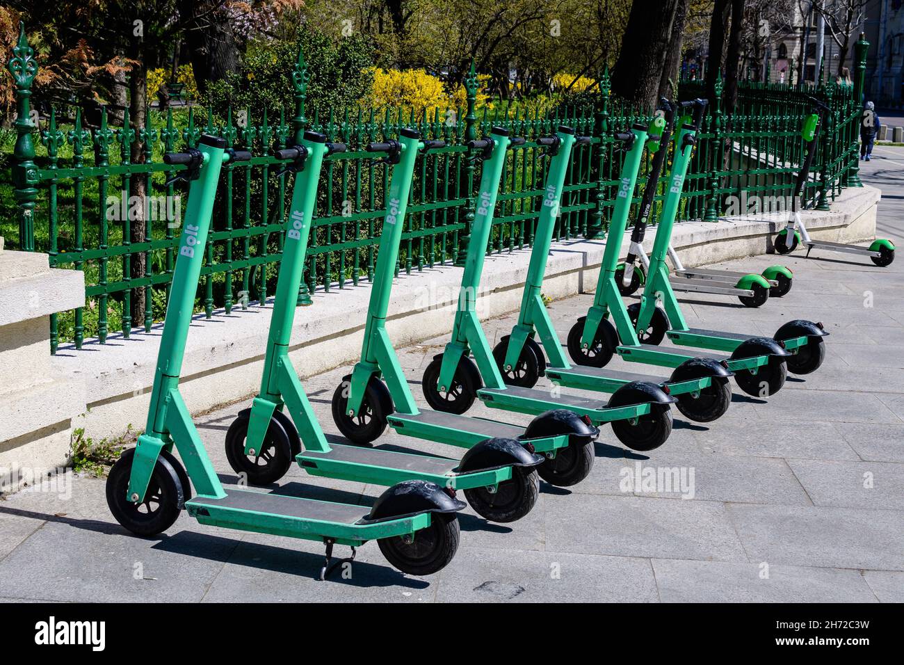 Bucharest, Romania, 10 April 2021 Bolt electric scooters for rental
