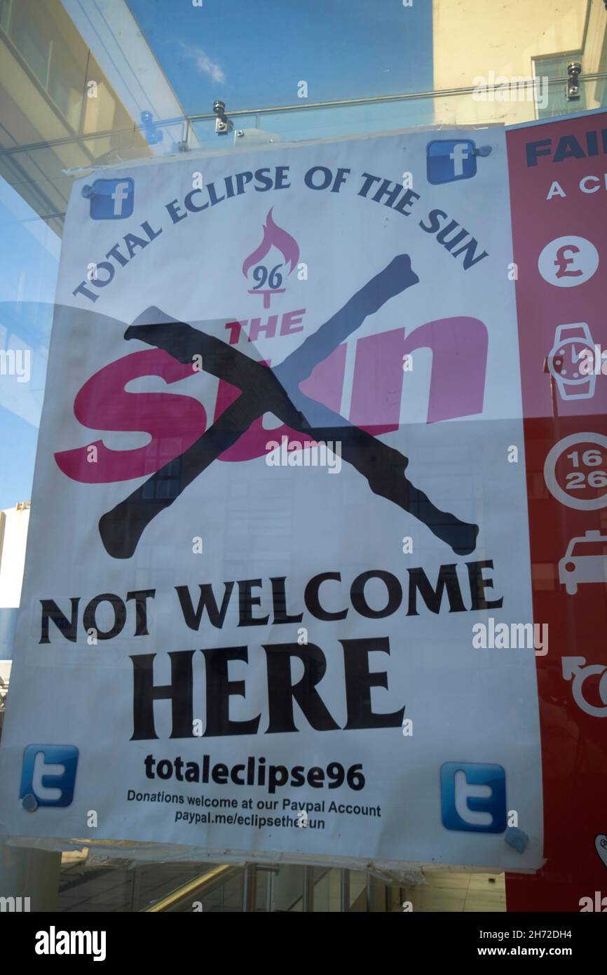 poster for the sun not welcome here in the window Liverpool merseyside uk Stock Photo