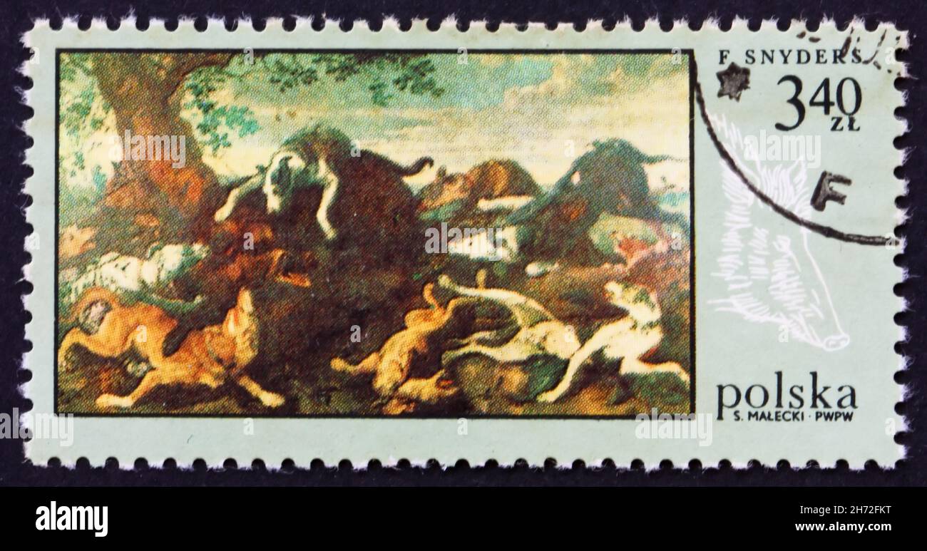 POLAND - CIRCA 1968: a stamp printed in the Poland shows Boar Hunt, by Frans Snyders, Hunt Painting, circa 1968 Stock Photo