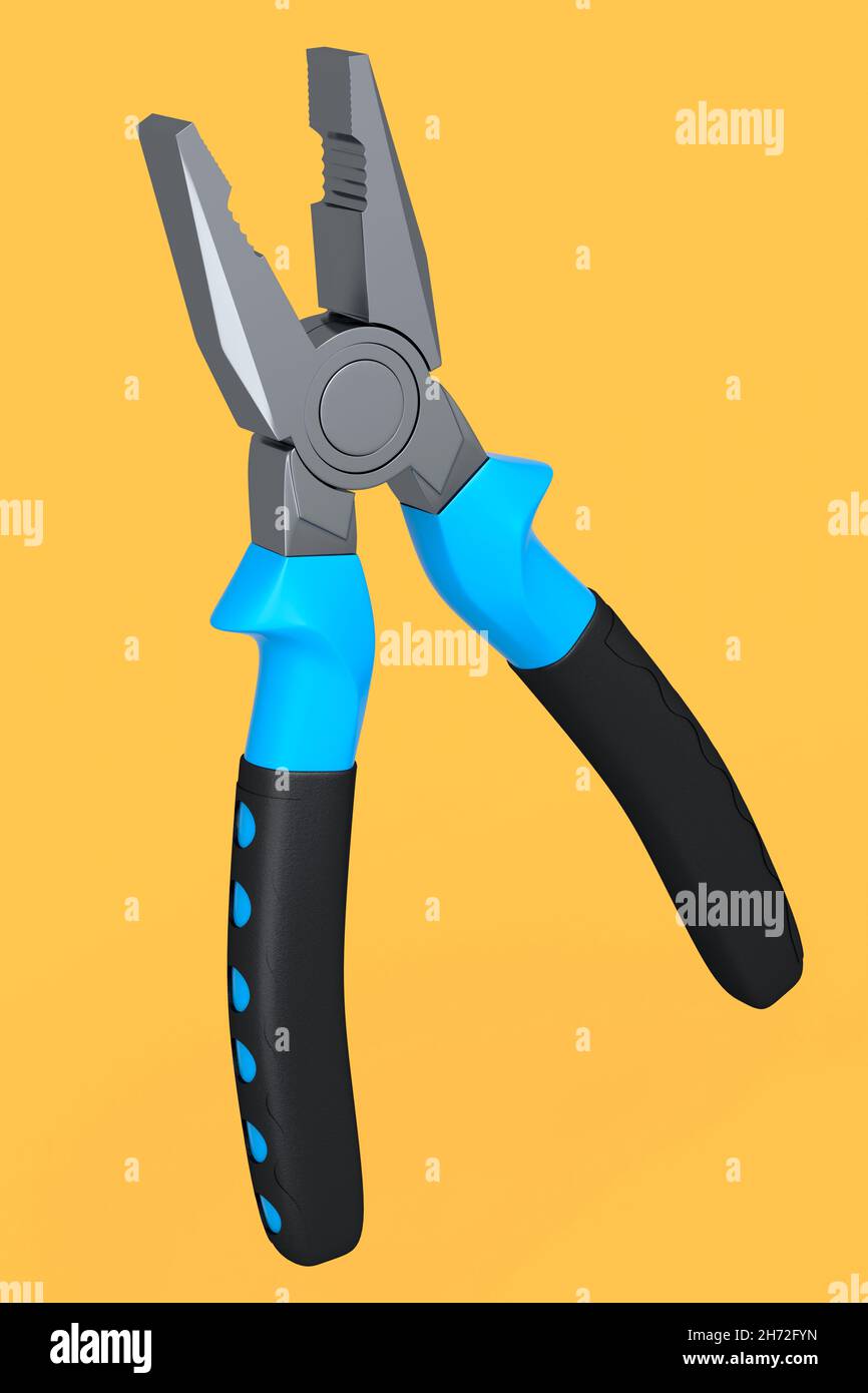 Yellow hand tool pliers isolated on yellow background. 3d render and ...