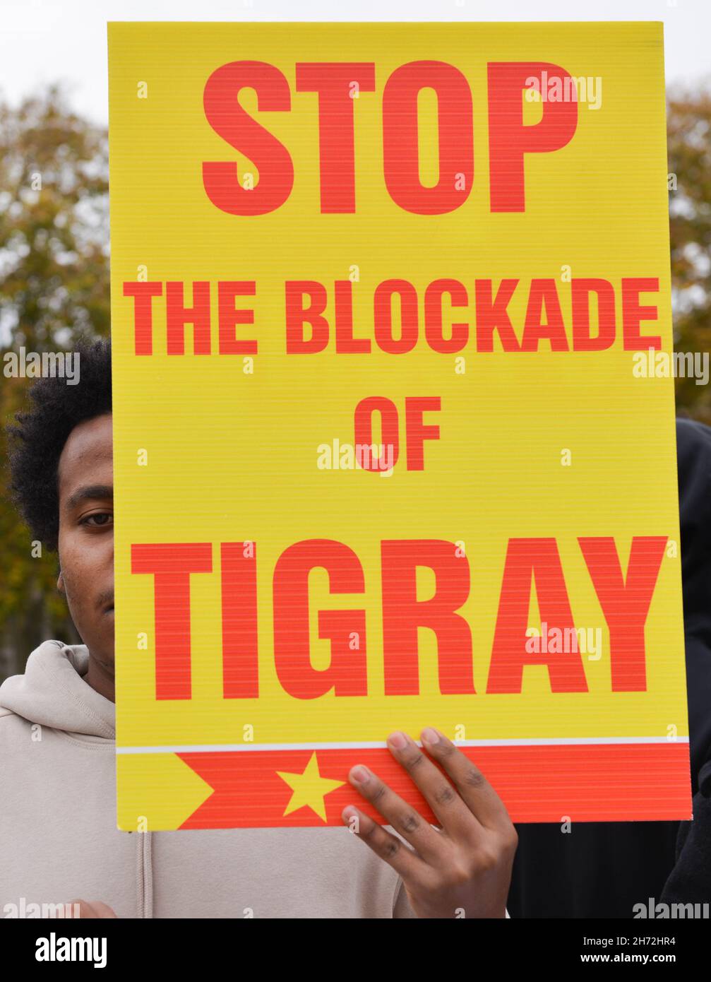 A protester from Tigray holds a placard during the demonstration.Tigrayans protested at the Parliament Square in London to denounce Ethiopian government actions against Tigray population. (Photo by Thomas Krych / SOPA Images/Sipa USA) Stock Photo