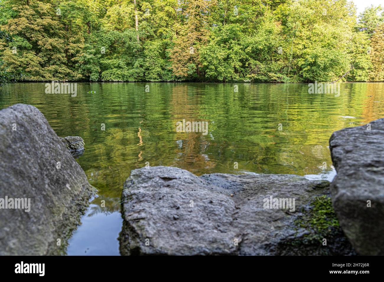 Colorful trees near the autumnal lake with stones and reflections Stock ...