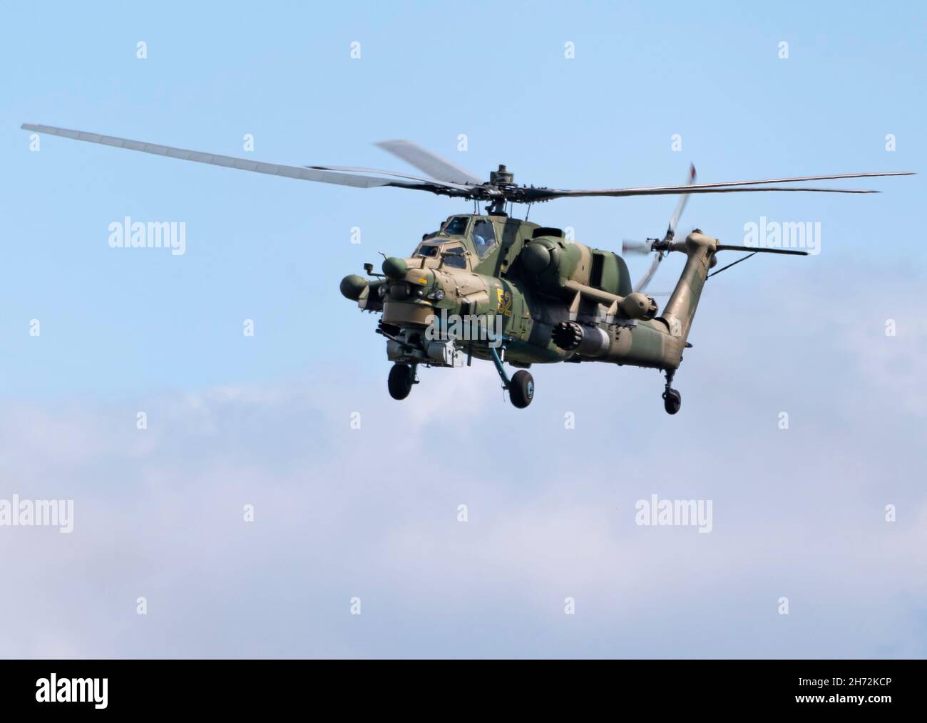 KUBINKA, RUSSIA - May, 15, 2021: attack helicopters Mil Mi-28, STRIZHI Aerobatic Team 30TH Anniversary Event. Stock Photo