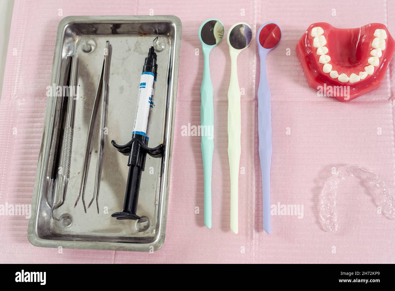 Basic dental instruments prepared for use in a dental clinic Stock