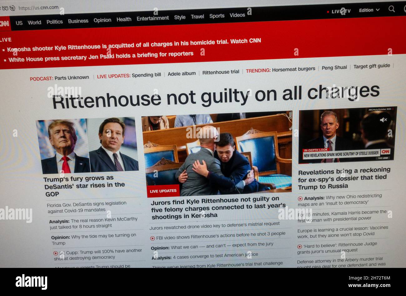 Screenshot of CNN web site following the 'not guilty' verdict in the Kyle Rittenhouse murder trial on 19th Nov 2021. Stock Photo
