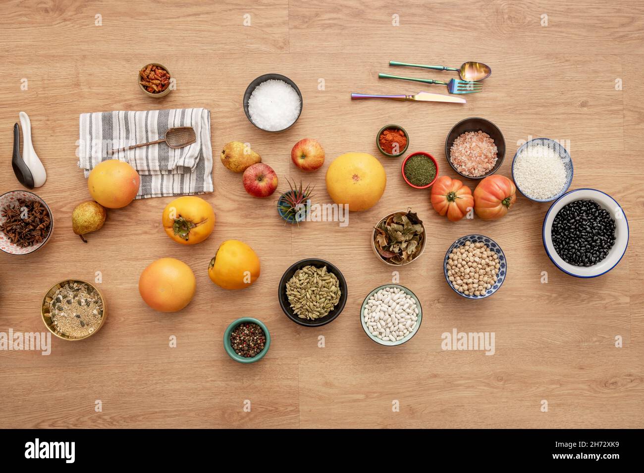 Still life with fruits and condiments to prepare Mediterranean food recipes Stock Photo