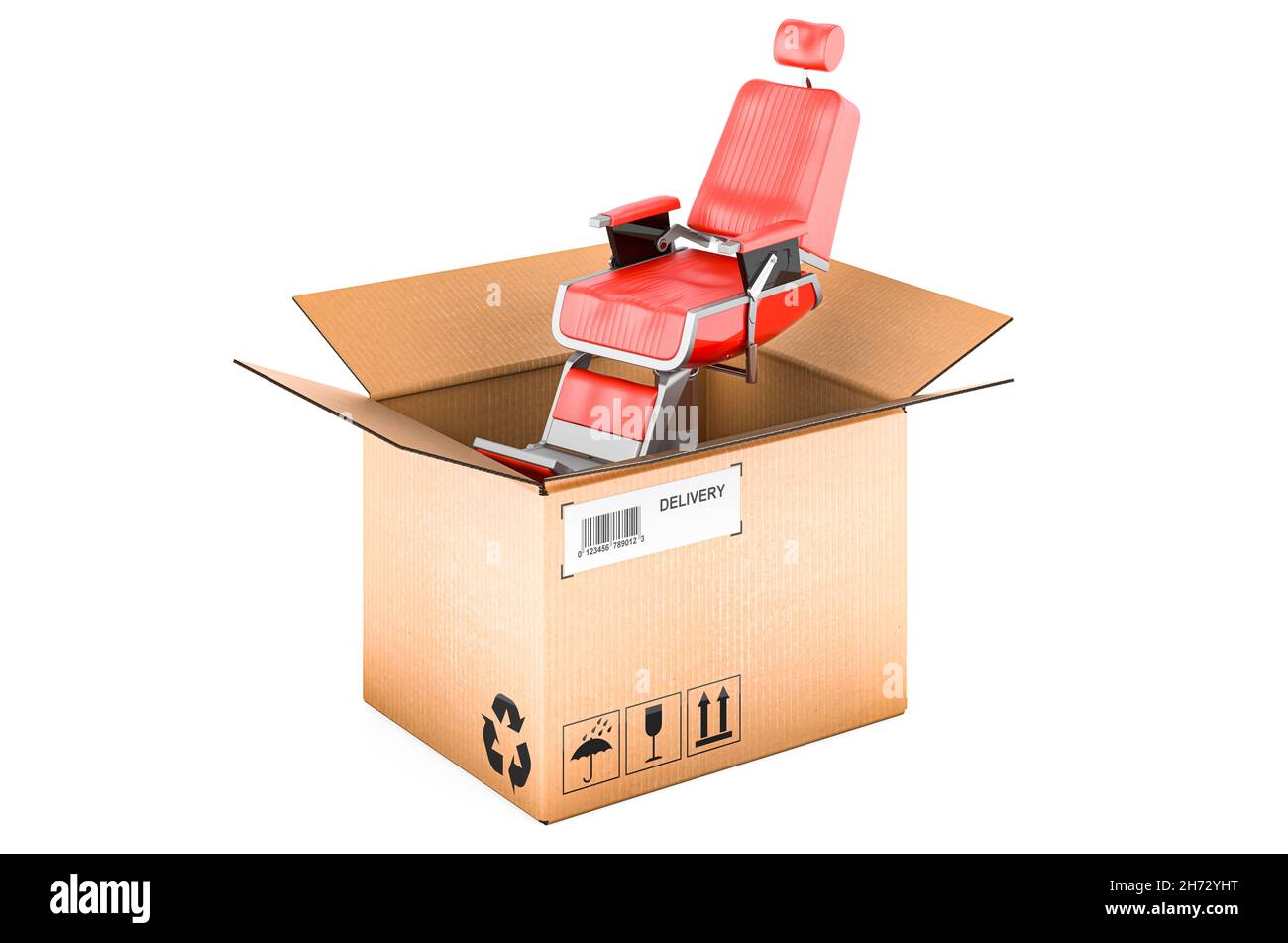 Barber chair inside cardboard box, delivery concept. 3D rendering ...