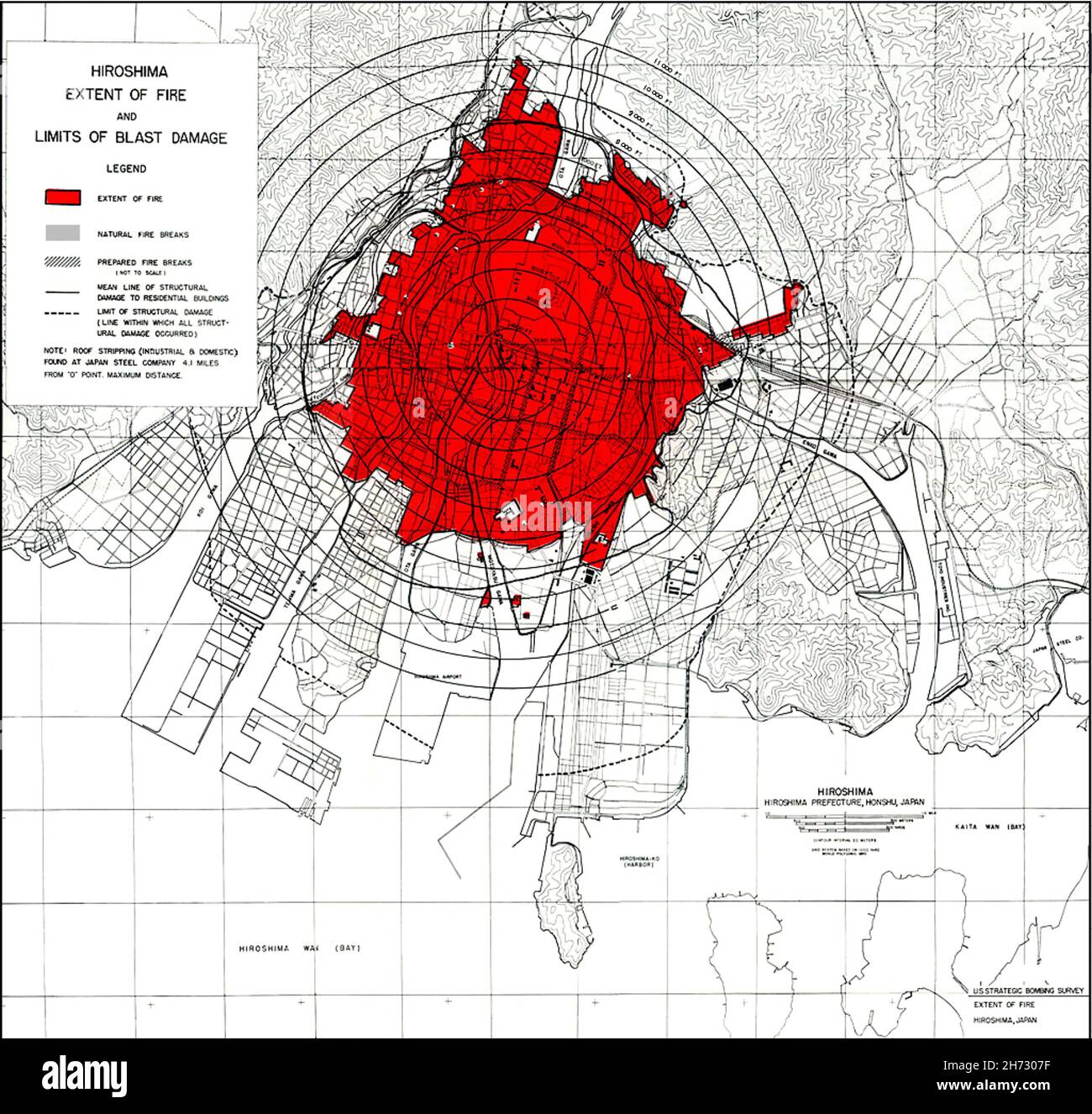 HIROSHIMA  American Strategic Bombing Survey chart of  January 1946 showing the extent of fire and blast damage  from the atomic bomb 'Little Boy'dropped on 6 August 1945 by the USAAF. Stock Photo