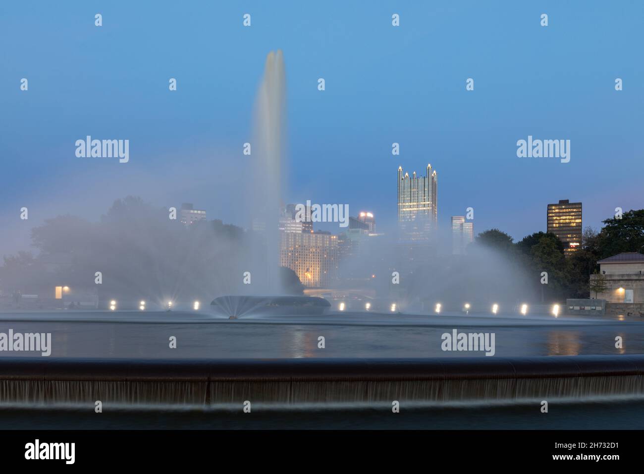 Point State Park Fountain in Pittsburgh, Pennsylvania. Long Exposure Photo shoot and Blurry Water Because of Long Exposure. Evening Stock Photo