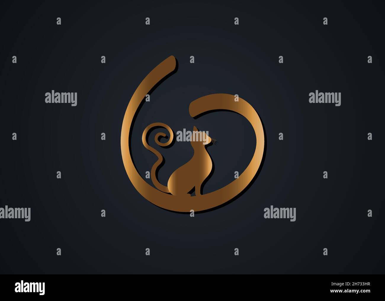 Golden cat silhouette with curly tail, feline animal gold round logo template, vector illustration isolated on a black background Stock Vector