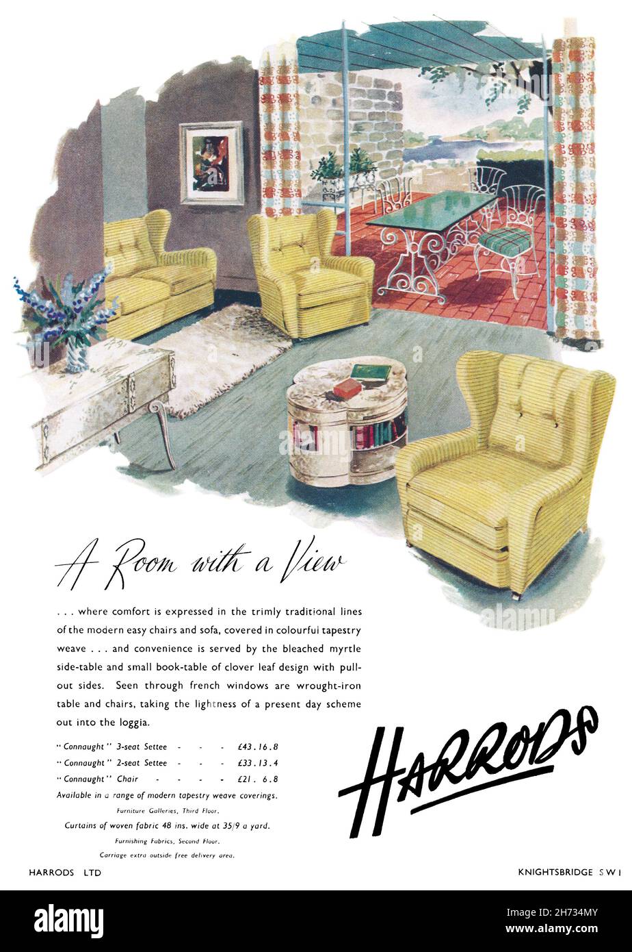 1951 British advertisement for Harrods furniture and soft furnishings. Stock Photo