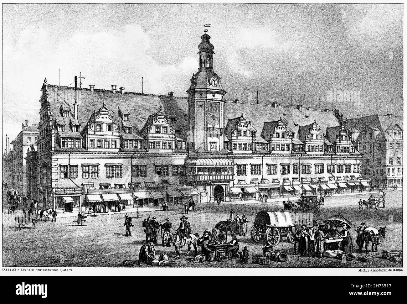 Engraving of the town hall in Leipzig, Germany during the late 1500s Stock Photo