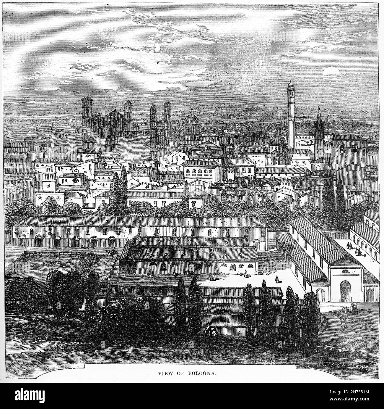 Engraving of Bologna the capital and largest city of the EmiliaRomagna