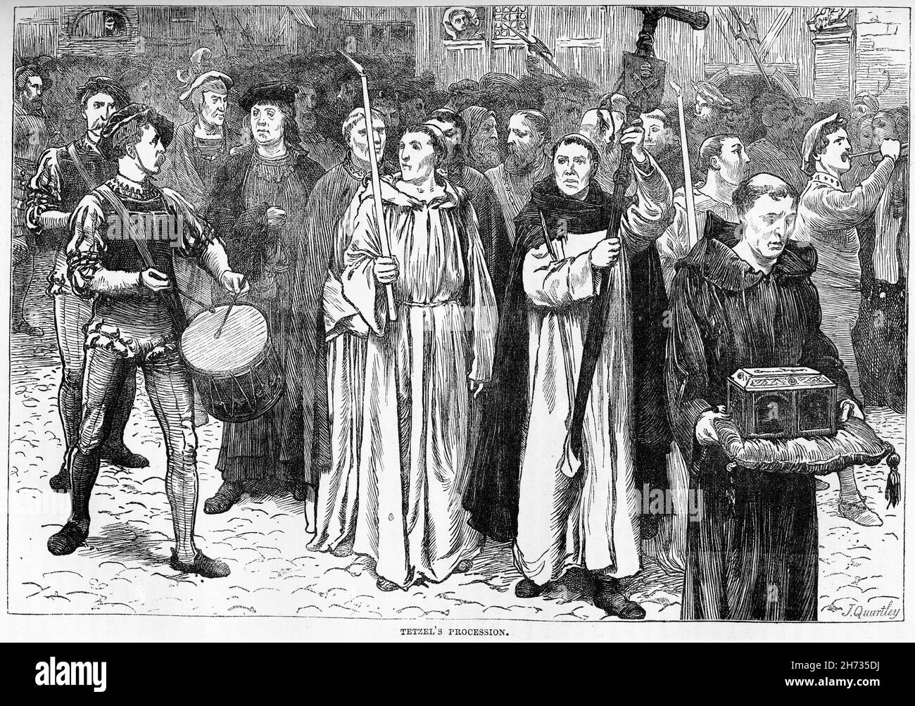 Engraving of Tetzel's procession as he comes into a town to sell indulgenses, one of the practices which sparked the Reformation Stock Photo