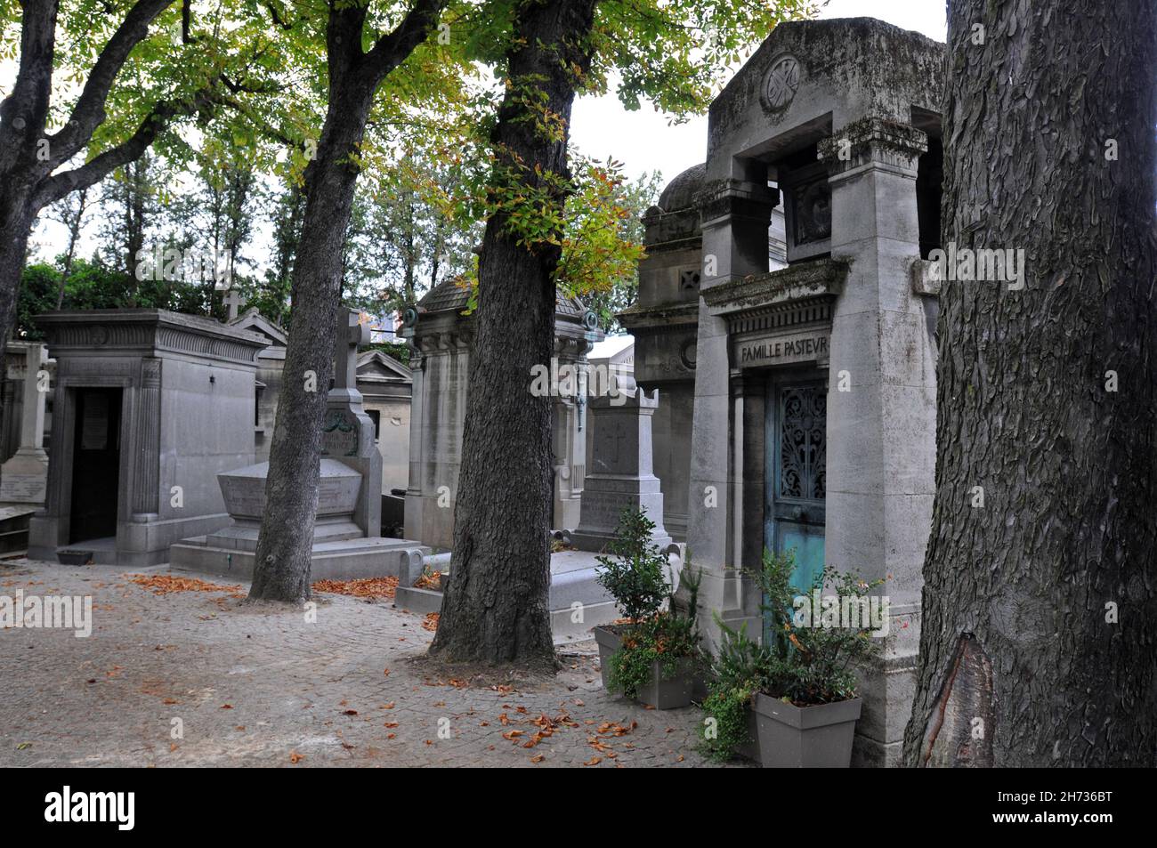Trees and grand mausoleums line the paths at the historic Passy Cemetery (Cimetière de Passy) in Paris, which opened in 1820. Stock Photo