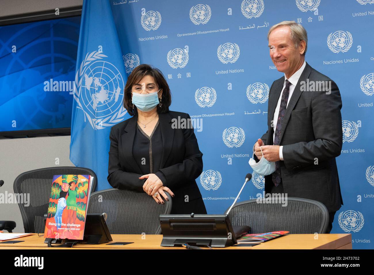 United Nations. 19th Nov, 2021. Executive Director, UN Women Sima Sami Bahous and EU ambassador to the UN Olof Skoog attend press briefing on occasion of launching report Rising to the challenge by UN Women at UN Headquarters. Noon briefing by Spokesperson for the Secretary-General guests in person were EU ambassador to the UN Olof Skoog and Executive Director UN Women Sima Sami Bahous, they were joined virtually by Executive Director United Nations Children's Fund (UNICEF) Henrietta Fore and Administrator of United Nations Development Programme (UNDP) Achim Steiner. (Cre Credit: ZUMA Press, I Stock Photo