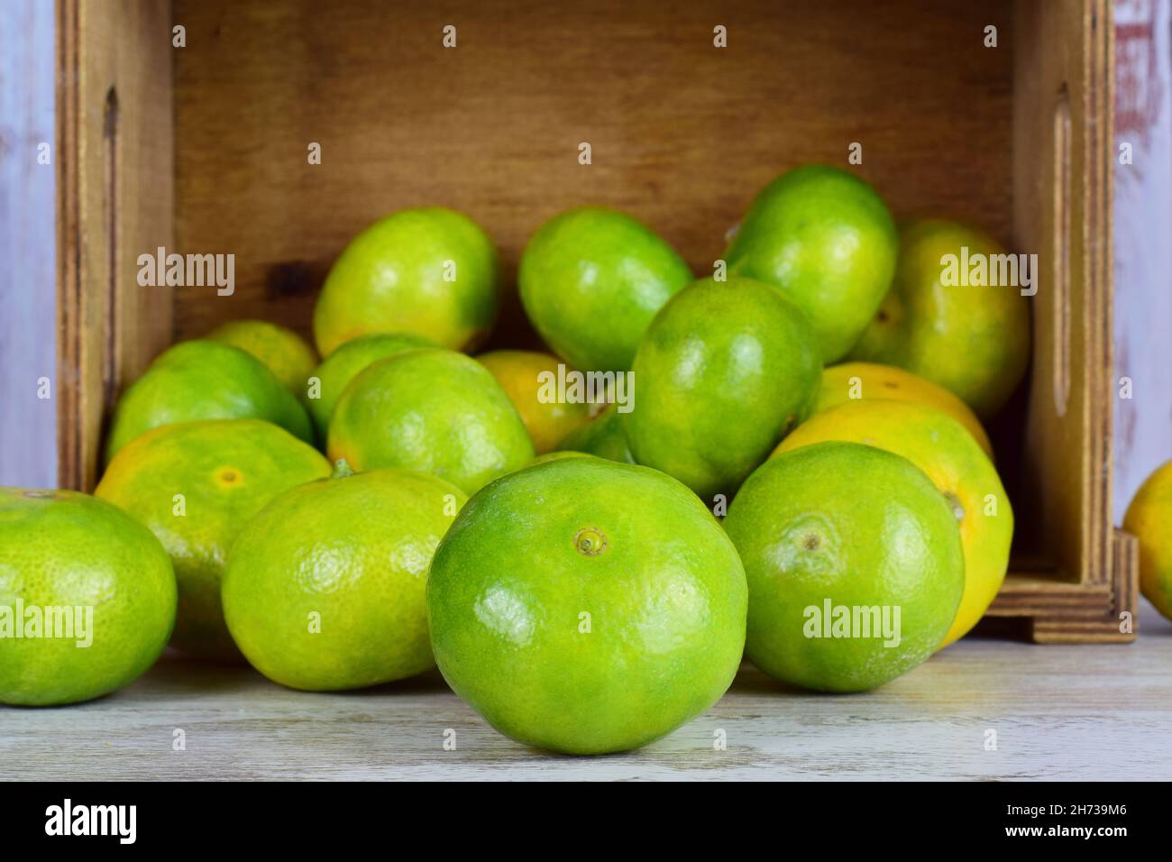 Heap of ripe mandarins fell out of the wooden box Stock Photo