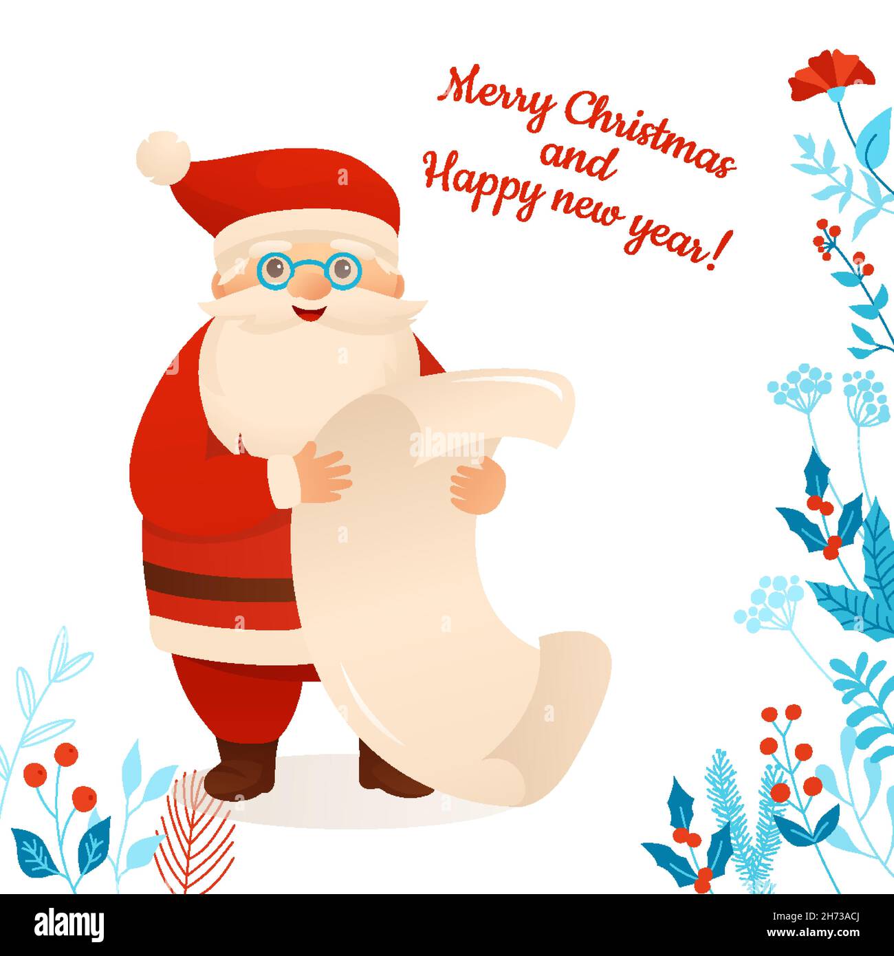 Santa Claus holding wish list, cartoon Christmas greeting card. Funny xmas  character with reading empty checking sheet letter. Happy New Year  congratulation for xmas postcard, advertisement, leaflet Stock Vector Image  & Art -
