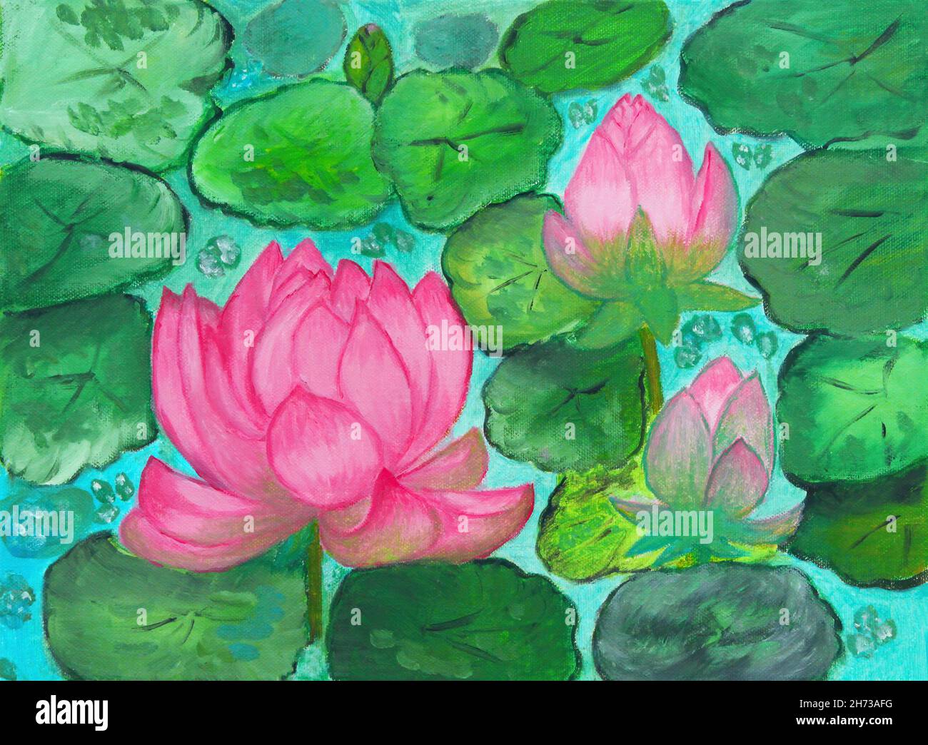 Oil painting on canvas of three pink water lilies in pond Stock Photo