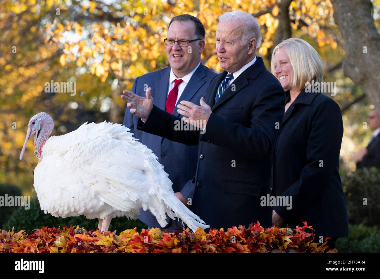 United States President Joe Biden (C) pardons the National Thanksgiving Turkey 'Peanut Butter' during the 74th National Thanksgiving Turkey presentation in the Rose Garden of the White House, beside chairman of the National Turkey Federation Phil Seger (L) and turkey-grower Adrea Welp (R) of Indiana, in Washington, DC, USA, 19 November 2021. The 2021 National Thanksgiving Turkey and its alternate, named 'Peanut Butter' and 'Jelly' respectively, were raised near Jasper, Indiana. The pardoning ceremony is an annual tradition held ahead of the Thanksgiving holiday. Credit: Michael Reynolds/Pool Stock Photo