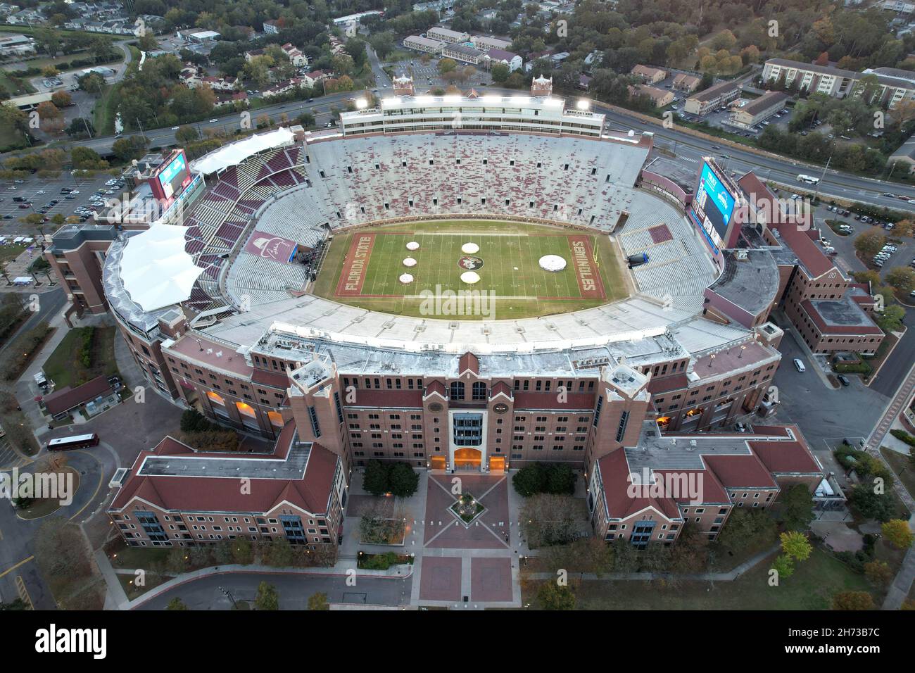 An aerial view of Doak Campbell Stadium on the campus of Florida State University, Friday, Nov. 19, 2021, in Tallahassee, Fla. It is the home field fo Stock Photo