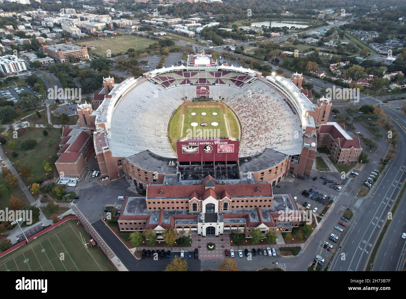 An aerial view of Doak Campbell Stadium on the campus of Florida State University, Friday, Nov. 19, 2021, in Tallahassee, Fla. It is the home field fo Stock Photo