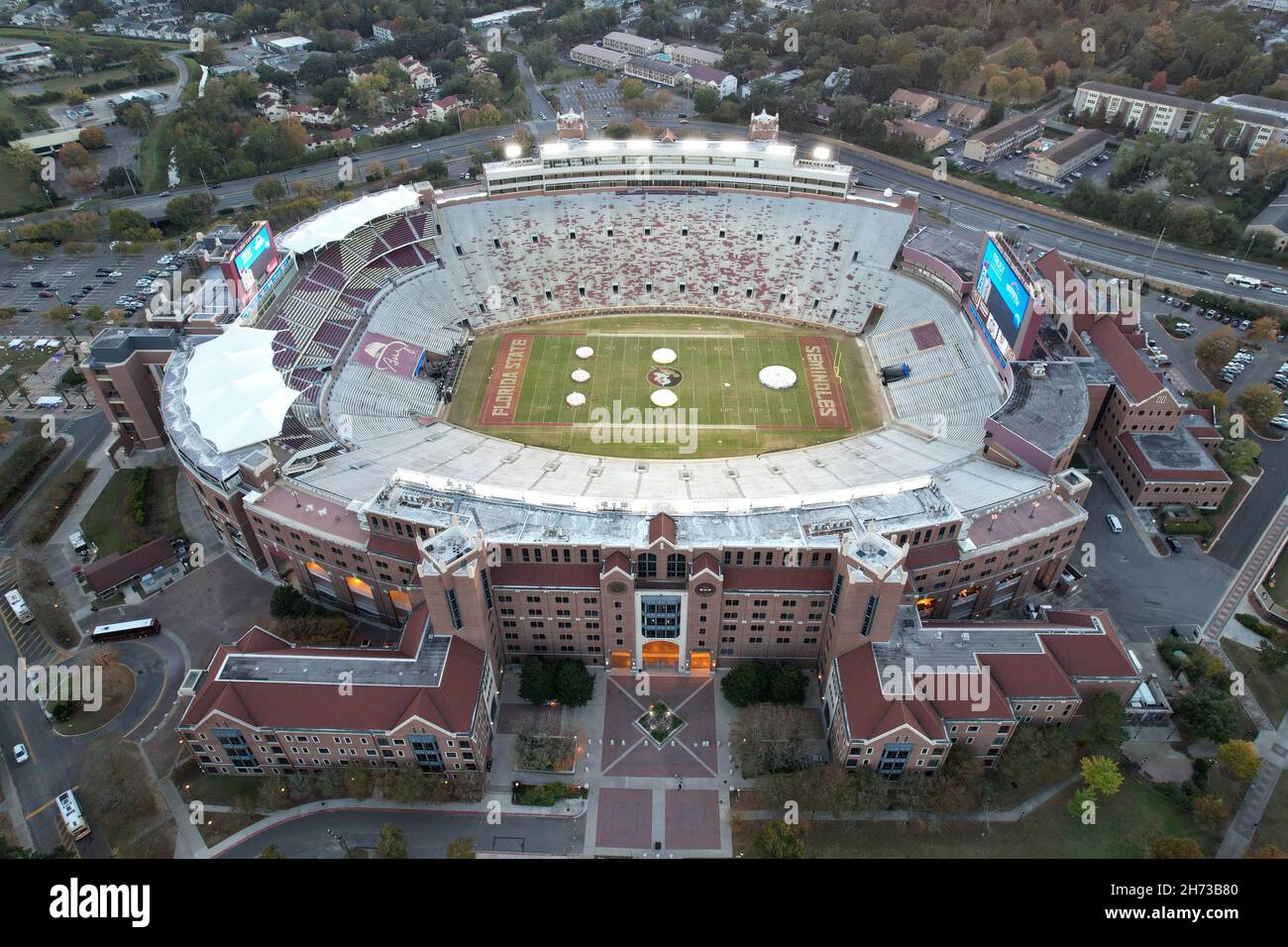 An aerial view of Doak Campbell Stadium on the campus of Florida State University, Friday, Nov. 19, 2021, in Tallahassee, Fla. It is the home field fo Stock Photo