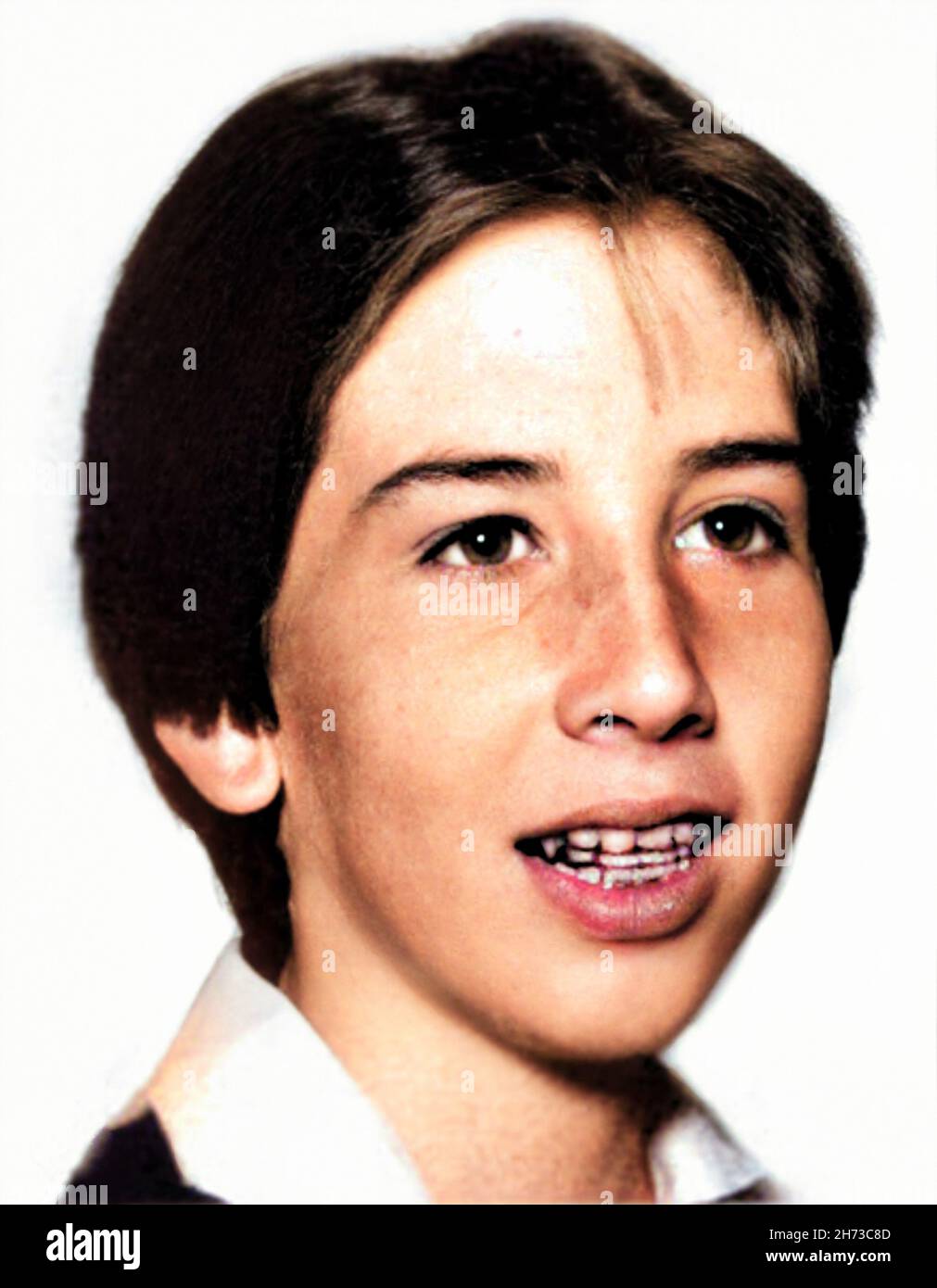 1983 ca, USA : The celebrated american Rock Star singer and composer MARILYN MANSON ( born 5 january 1969 ), born Brian Hugh Warner , when was a young boy aged 14 in School Yearbook . Unknown photographer. DIGITALLY COLORIZED . - HISTORY - FOTO STORICHE - personalità  da giovane giovani - personality personalities when was young - TEENAGER -  INFANZIA - CHILDHOOD - MUSIC - MUSICA - cantante - COMPOSITORE - ROCK STAR - chitarrista - guitarist - apparecchio ai denti odontoiatrico --- ARCHIVIO GBB Stock Photo