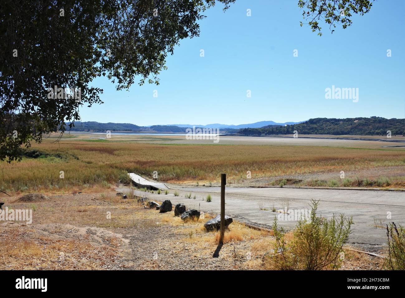 Lake Mendocino, north end at launching rand during drought with water 1/4 mile from ramp Stock Photo