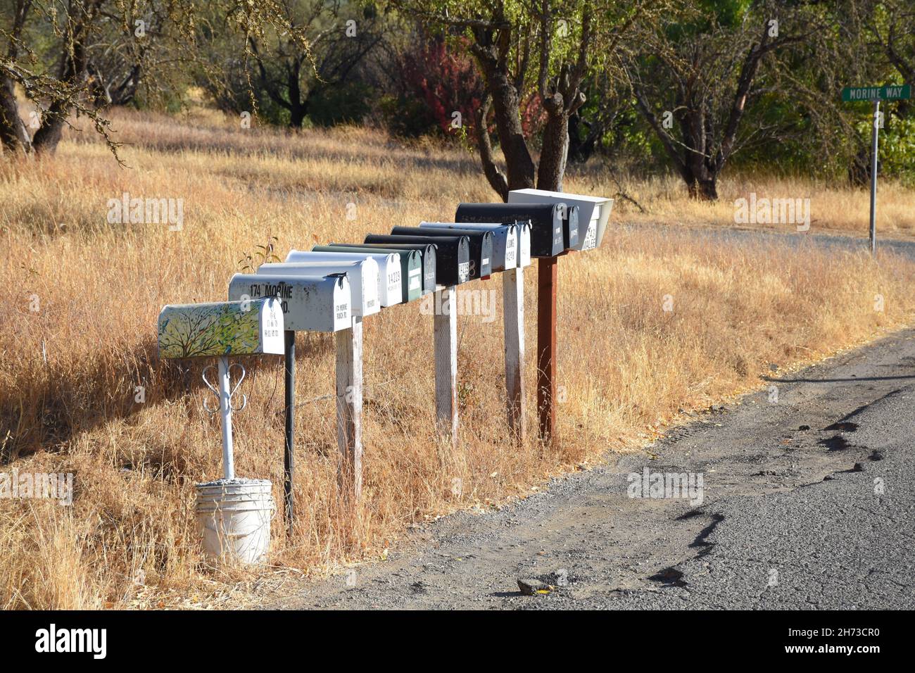 Rural mail boxes in California for US postal service delivery on public roads Stock Photo Alamy