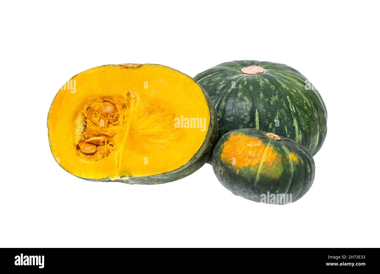 Three green fresh pumpkins isolated on white background Stock Photo