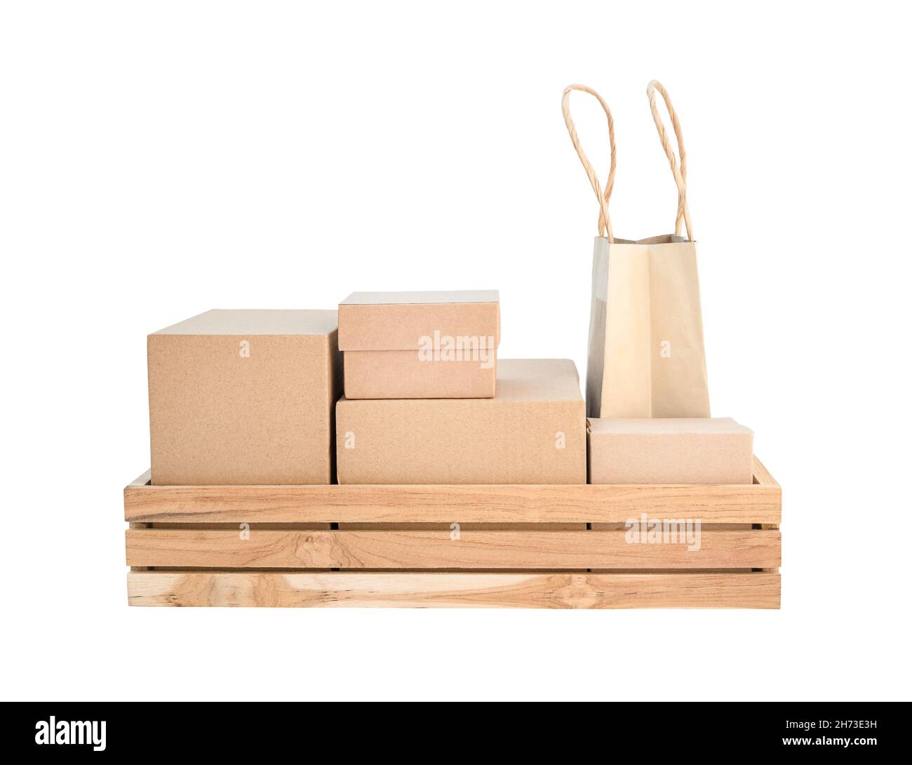 wooden box with different types of cardboard boxes Isolated on white