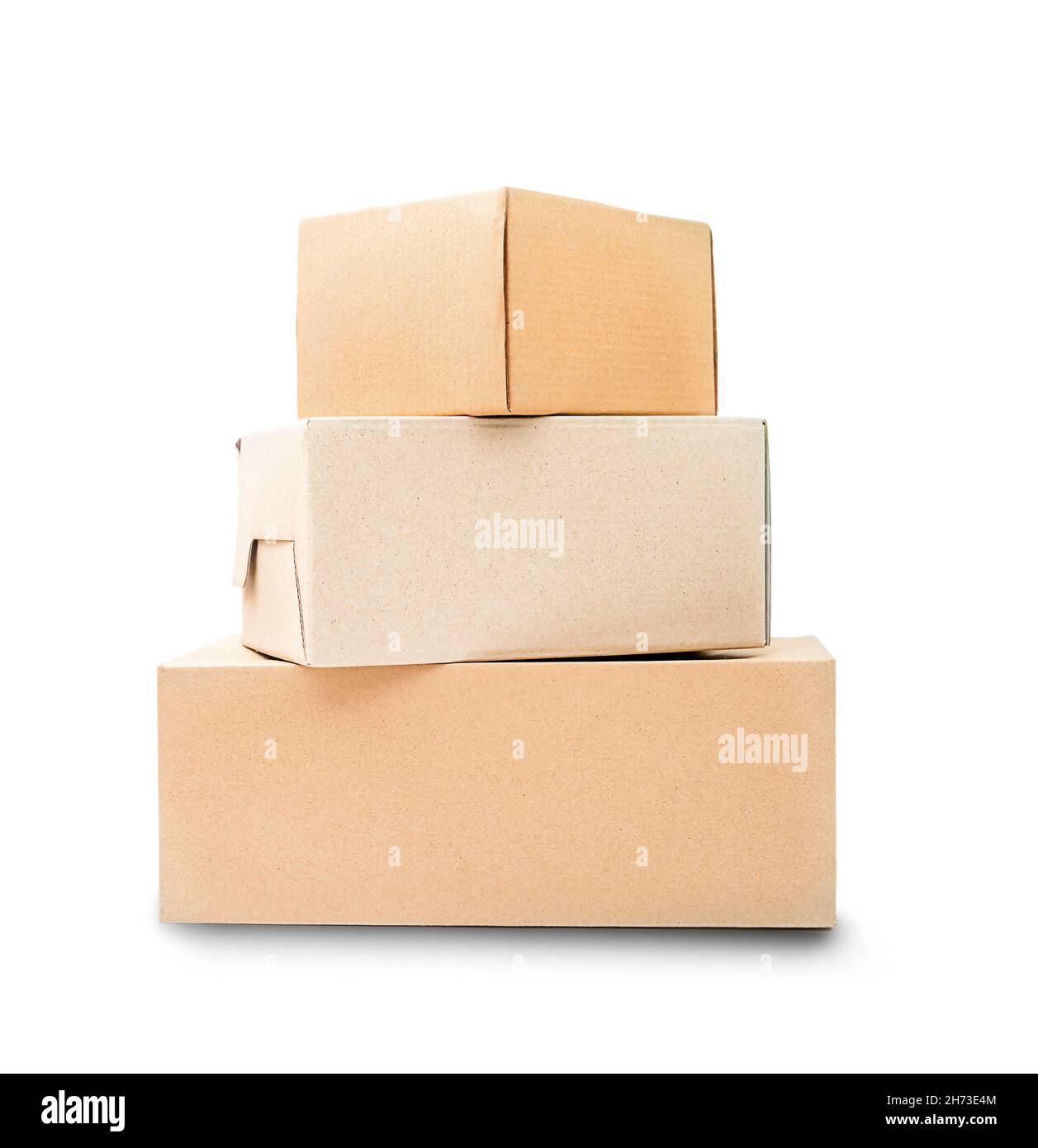 Three cardboard boxes in the  stack stand on top of each other isolated on white background Stock Photo