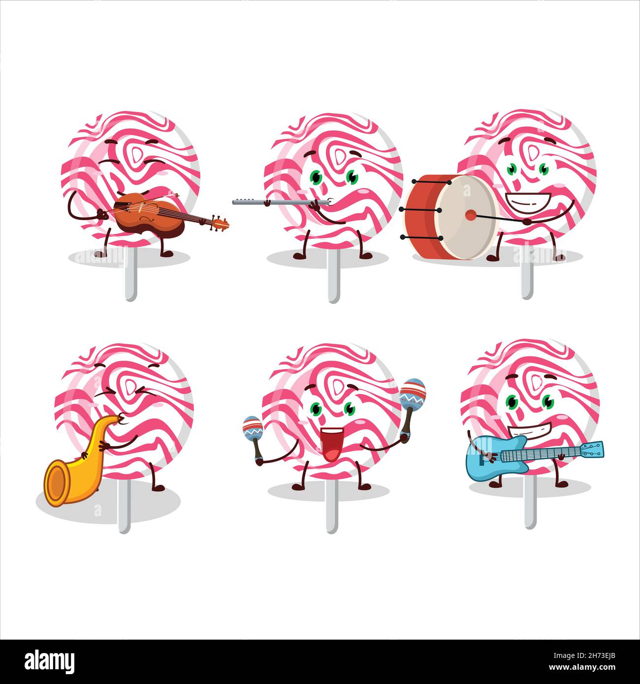 Cartoon character of pink swirl candy playing some musical instruments ...