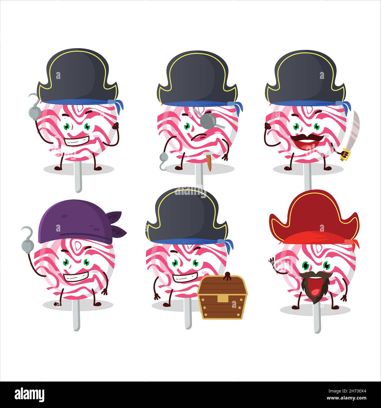 Cartoon character of pink swirl candy with various pirates emoticons. Vector illustration Stock Vector