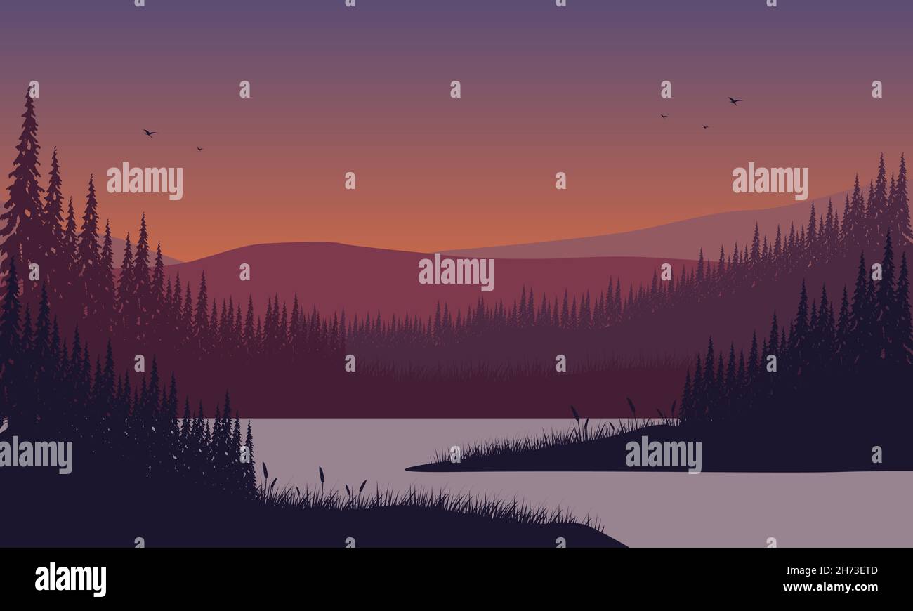 Pdusk Vector Amazing the view of the mountains with the silhouette of the pine trees ...