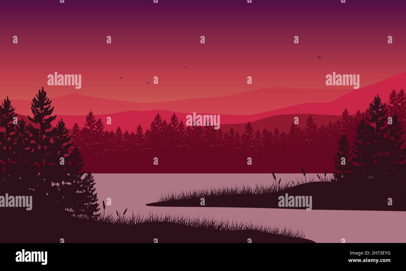 Pdusk Vector Mountain view with fantastic cypress tree silhouette from the lakeside ...