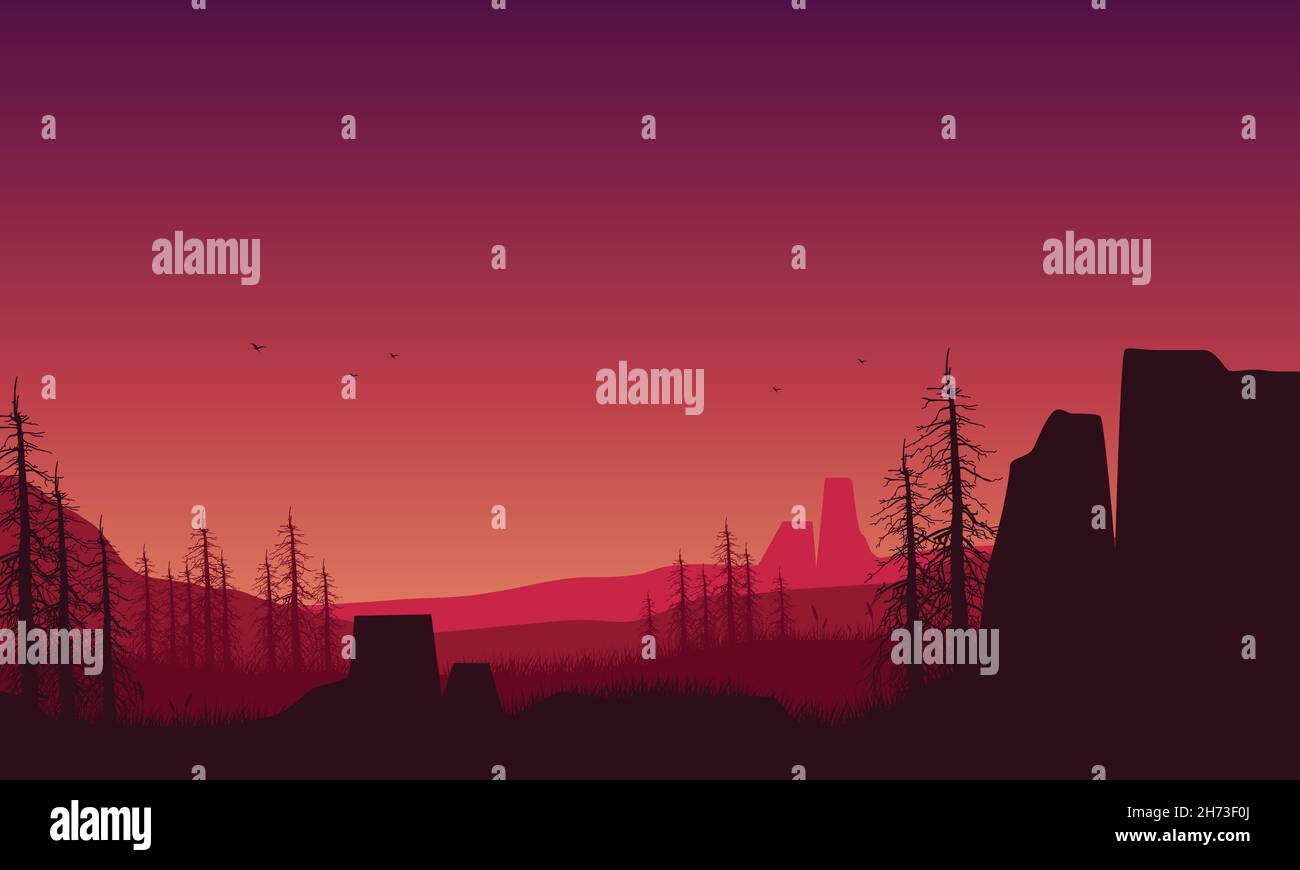 Pdusk Vector Beautiful mountain scenery with dry tree silhouettes from the edge of ...