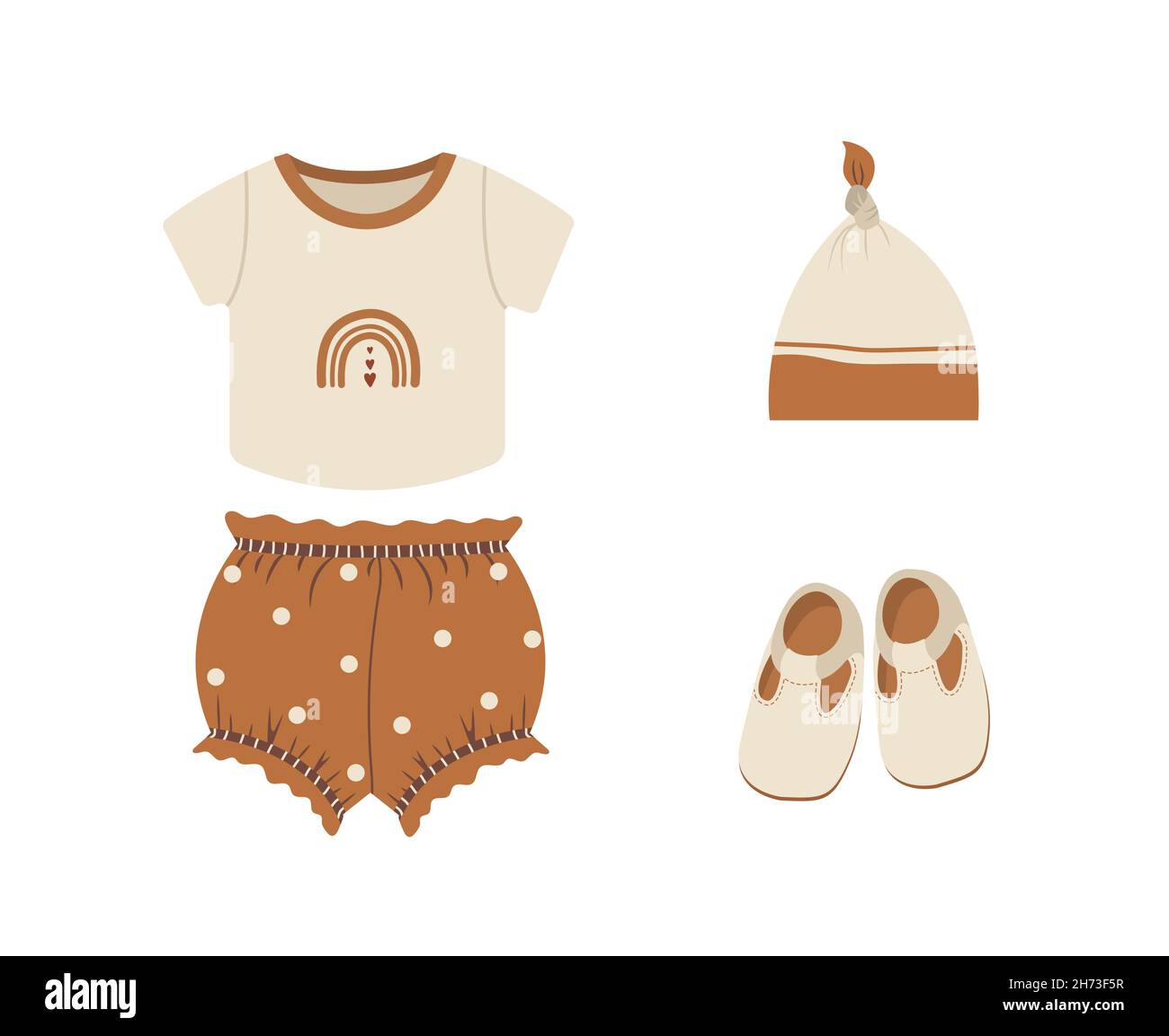 Baby boho clothes. Cute boy wardrobe. Kids scandinavian outfit. Vector illustration in flat cartoon style. Vintage wear for children Stock Vector