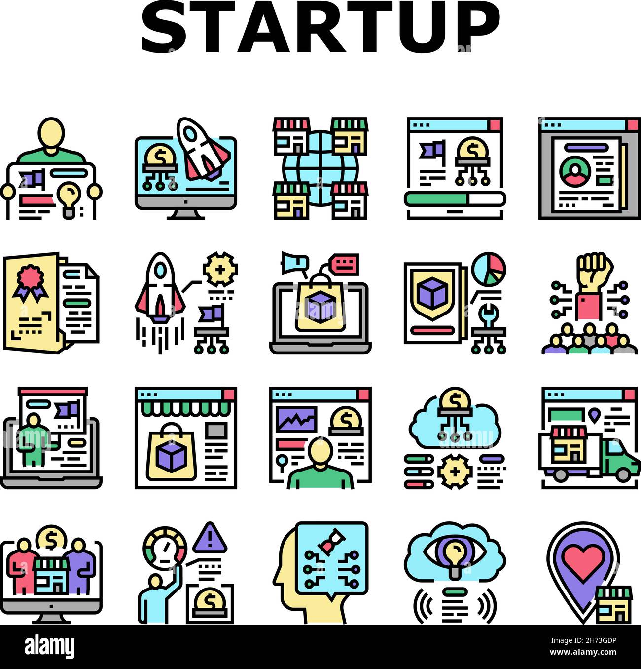 Startup Business Idea Launching Icons Set Vector Stock Vector Image ...