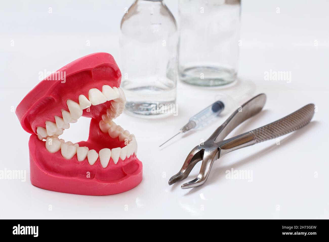 Layout of a human jaw, a stainless steel dental tongs, a syringe with a