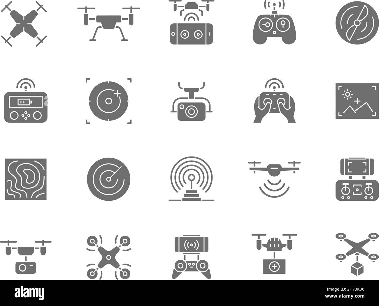 Set of Drone Grey Icons. Remote Controller, Propeller, Action Camera ...