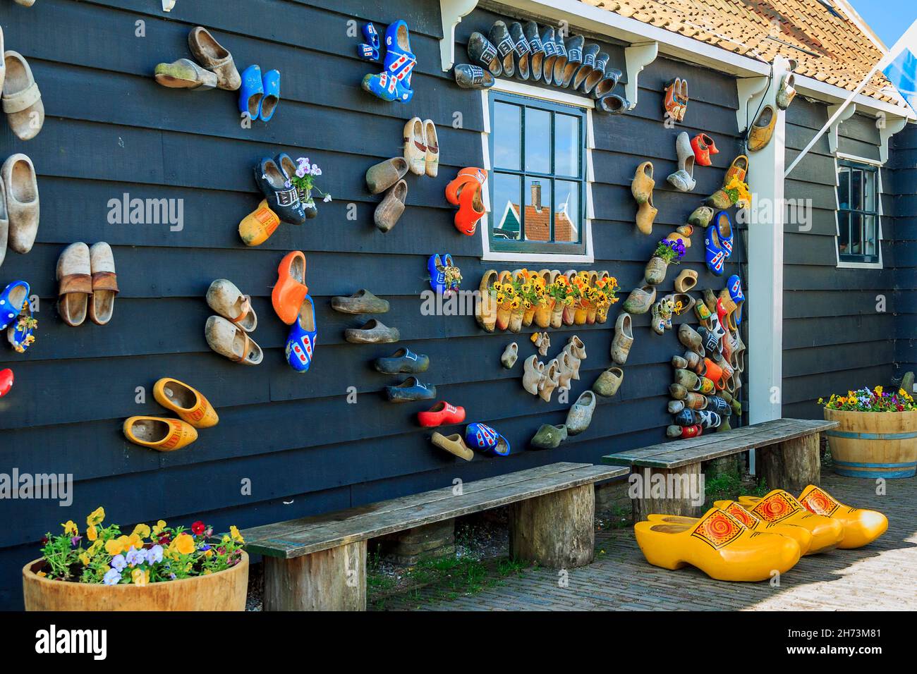 It is the Ethnic Factory Museum of clogs (klomp) May 9, 2013 in Zaanse Schans, Netherlands. Stock Photo