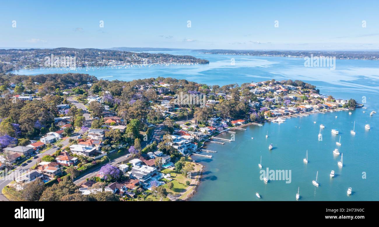 Aerial view of Eleebana one of the many exclusive lake front suburbs in Lake Macquarie - NSW Australia Stock Photo
