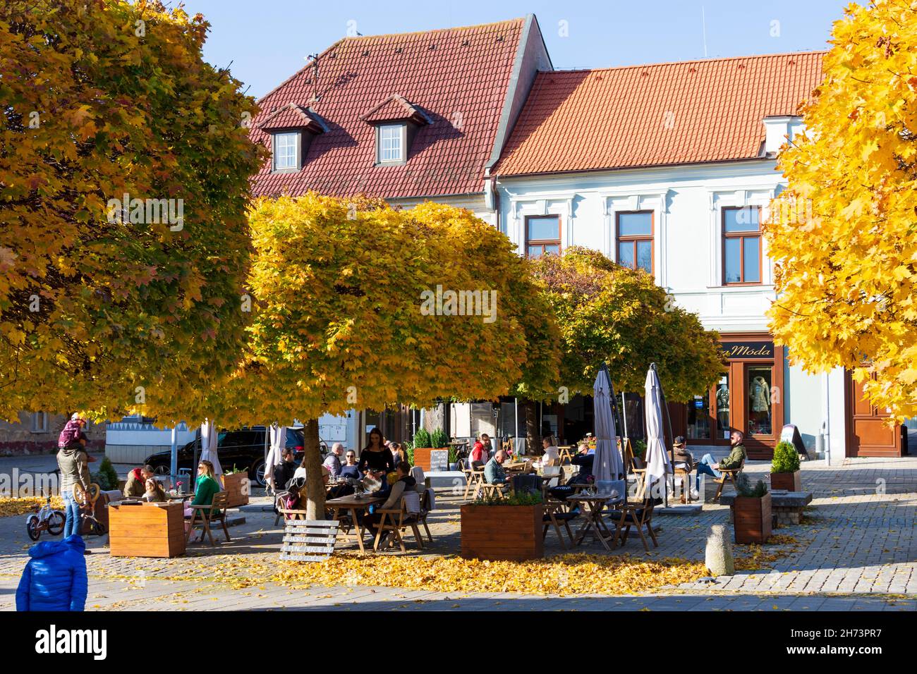 Nove Mesto nad Vahom (Neustadt an der Waag): openair restaurant at main square in , , Slovakia Stock Photo