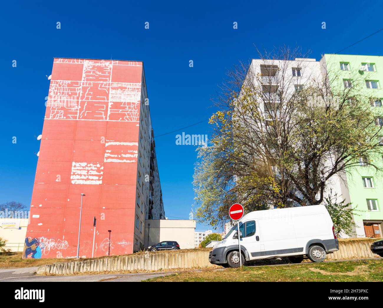 Nove Mesto nad Vahom (Neustadt an der Waag): run down block of flats from socialist time in , , Slovakia Stock Photo