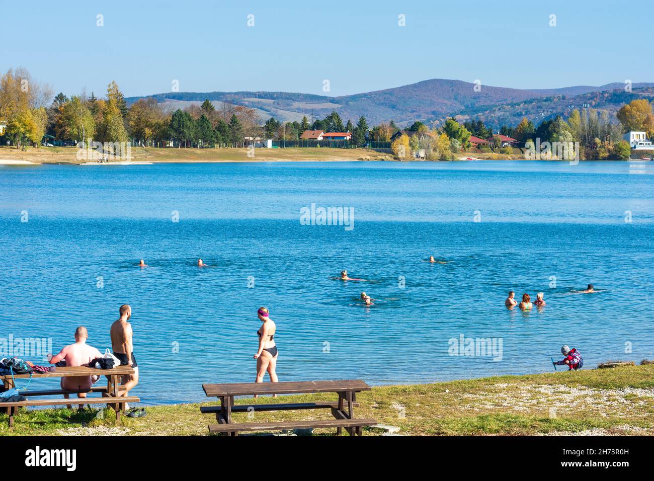Nove Mesto nad Vahom (Neustadt an der Waag): lake Zelena voda, swimmer in cold autumn water in , , Slovakia Stock Photo