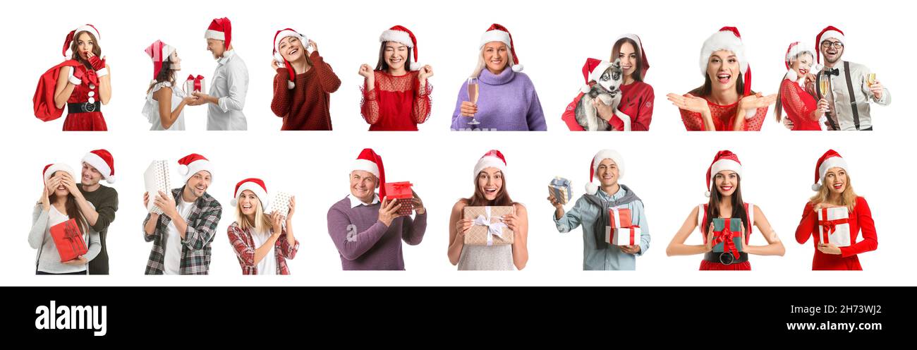 Group of people in Santa hats on white background Stock Photo - Alamy
